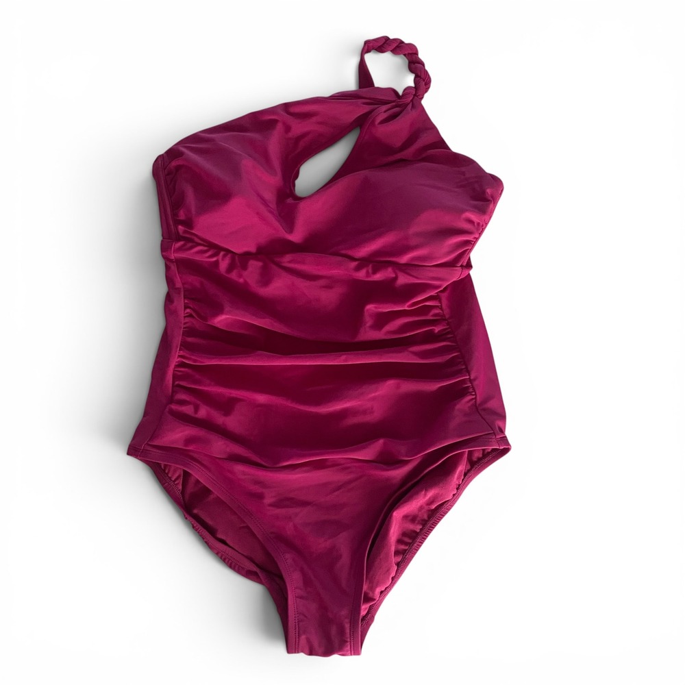 Shade & Shore One Piece Swimsuit Womens M Purple Ruched One Shoulder Braided NWT